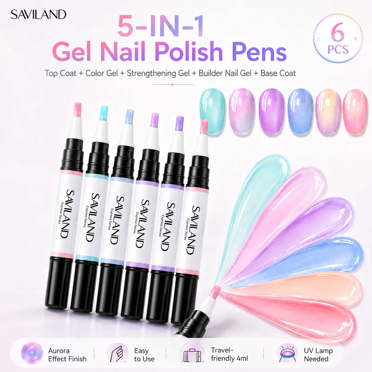 SAVILAND 5-in-1 Aurora Cat Eye Gel Nail Polish Pen - All-in-1 Base, Color & Top Coat, UV/LED Cured, Portable DIY Manicure Cosmetic with Smooth Brush, Durable Glossy Finish Nail Supplies