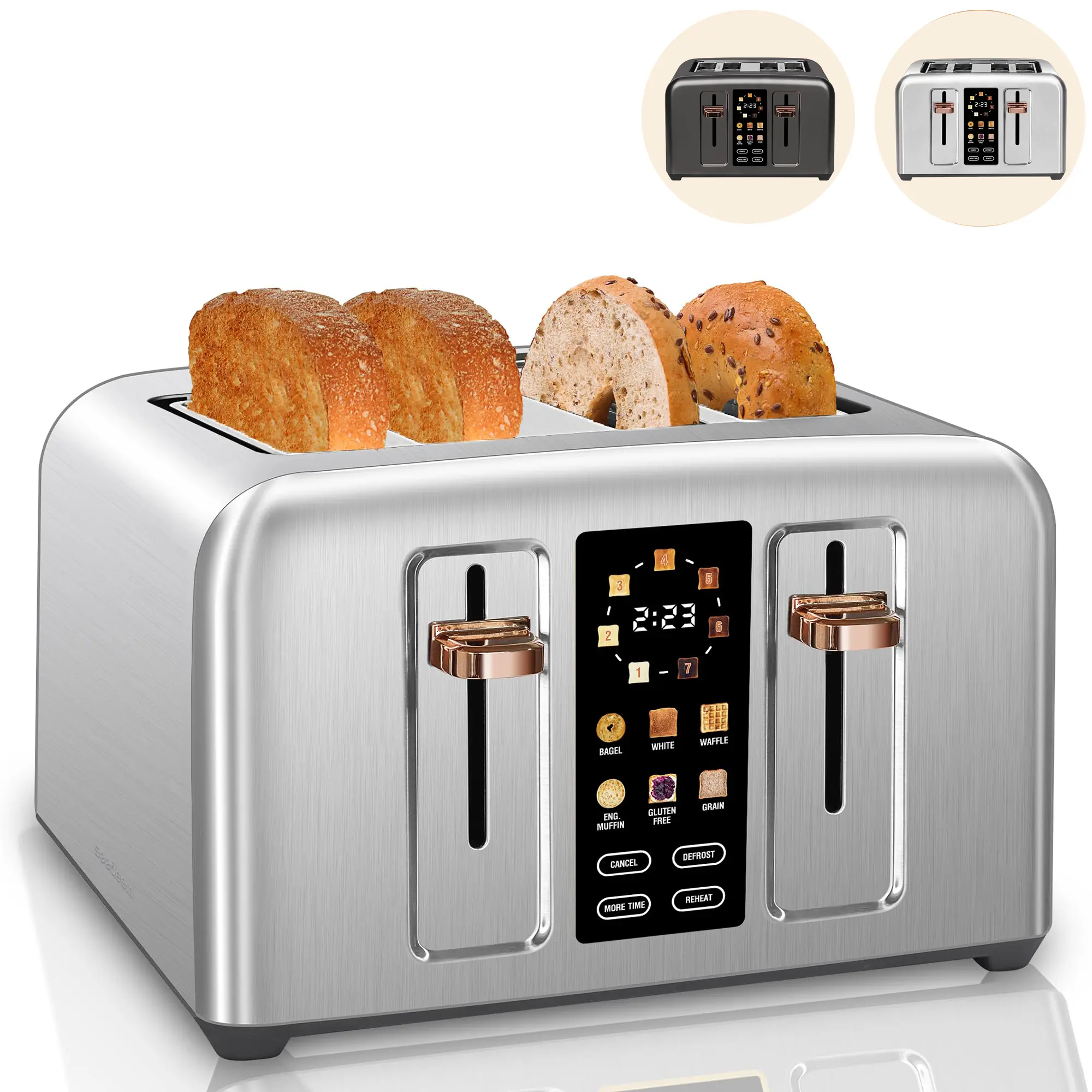 1800W 4-Slice Stainless Steel Toaster for Family Home, Full Touchscreen Control, LCD Display, 6 Bread Types, 7 Shade Settings, 1.4'' Wide Slots, Extra Timer, Cancel Function, Removable Crumb Tray, Metallic Finish, 120V