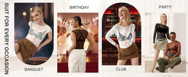 Molitree Lace Tops for Women Mesh Top Long Sleeve Floral Shirts Slim Fitted Outfits See Through Blouses Top