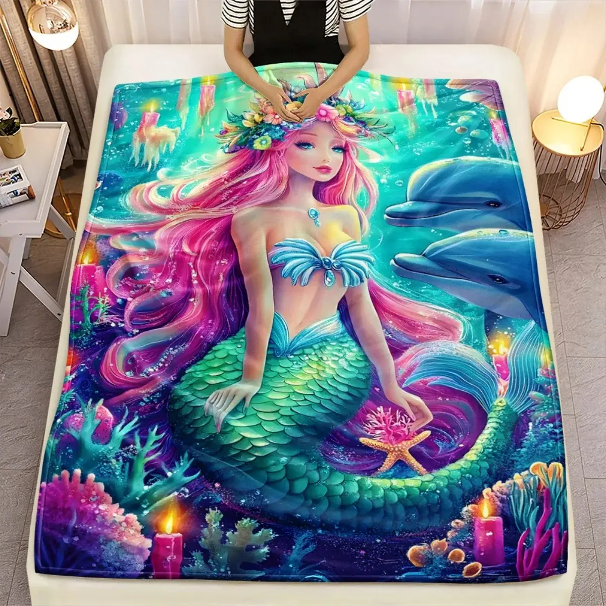 Mermaid fantasy underwater scene blanket with dolphins coral and flowers soft flannel throw for bedroom decor cozy warm textile