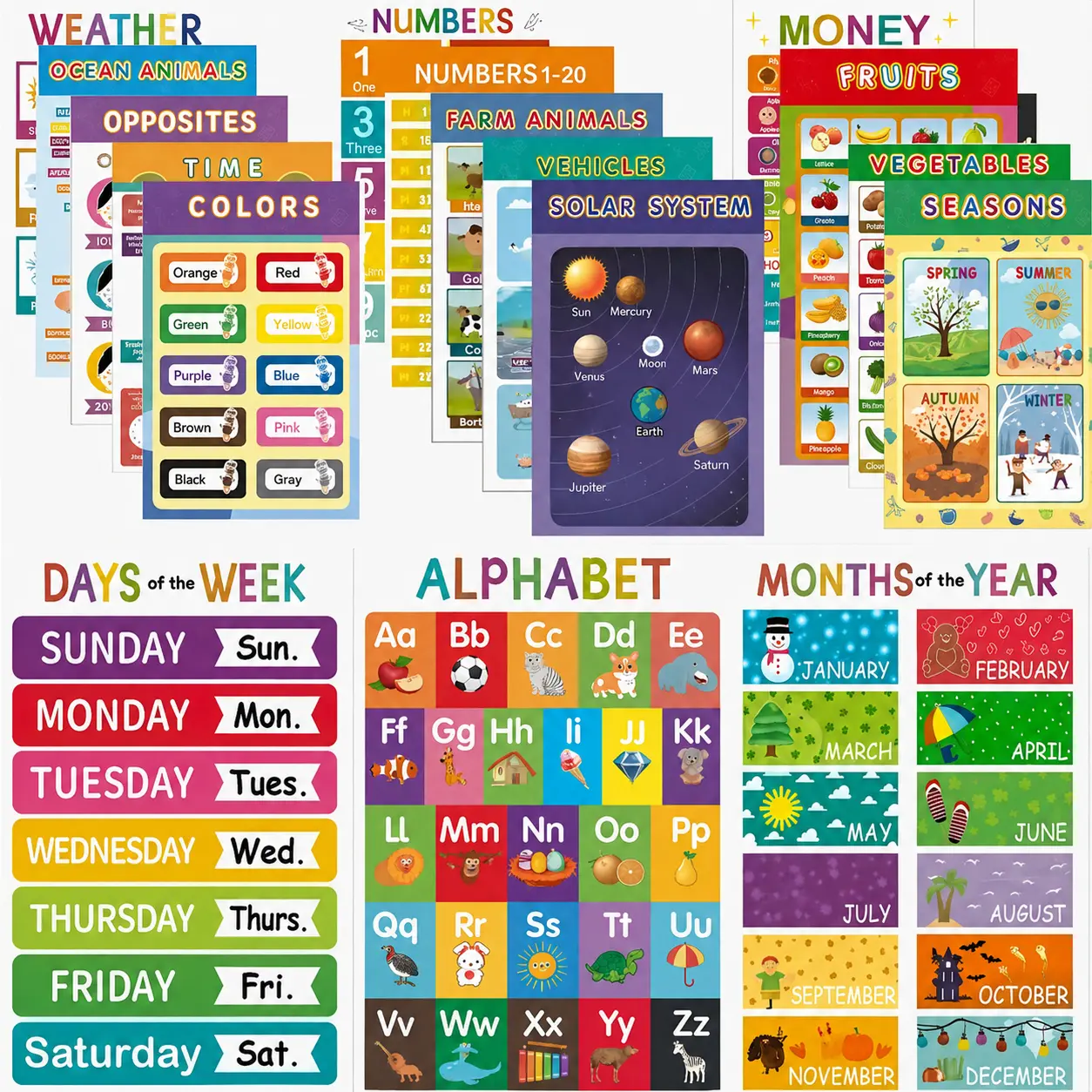16 Educational Wall Posters for Children, Classroom and Teacher Decor for Kids, Perfect for Ages 1-5, Ideal for Elementary and Colorful-Themed Rooms.