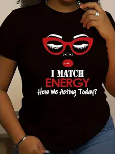 Plus Size Women'S "I Match Energy" Graphic Tee - Black Crew Neck T-Shirt with Red Glasses & Bold Text Design, Casual Short Sleeve Top for Spring & Summer, Ladies T Shirts 0XL-4XL