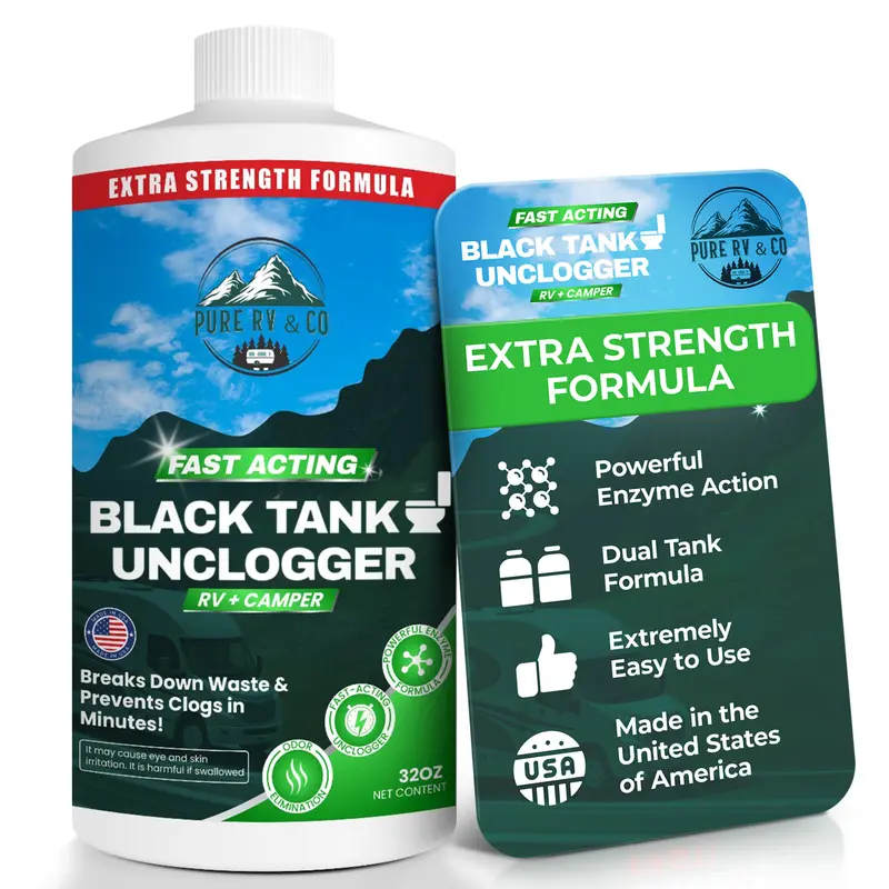 RV Black Tank Unclogger, Fast Acting Enzyme Formula for Black Tank Clogs & Pyramid Plugs, Sensor Safe, Septic Safe, Extra Strength Treatment, 32 oz