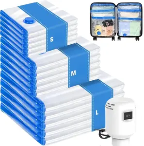 15 Pack Travel Vacuum Storage Bags with USB Electric Pump, Combo Space Saver Vacuum Seal Bags for Clothing Travel Vaccine Sealed Storage Bag for Comforters Blankets Clothes Suitcase, Clear