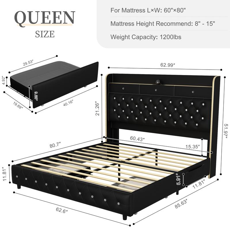 Sibeds Queen LED Bed Frame with Bookcase Storage Headboard, Galaxy Star Projector, 2 Storage Drawers, Noise-Free, Tall Tufted Headboard, No Box Spring Needed, PU Leather Black,Modern Design Home Interior Furniture