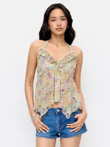 Cider Mesh Floral Ruffled Halter Neckline Top