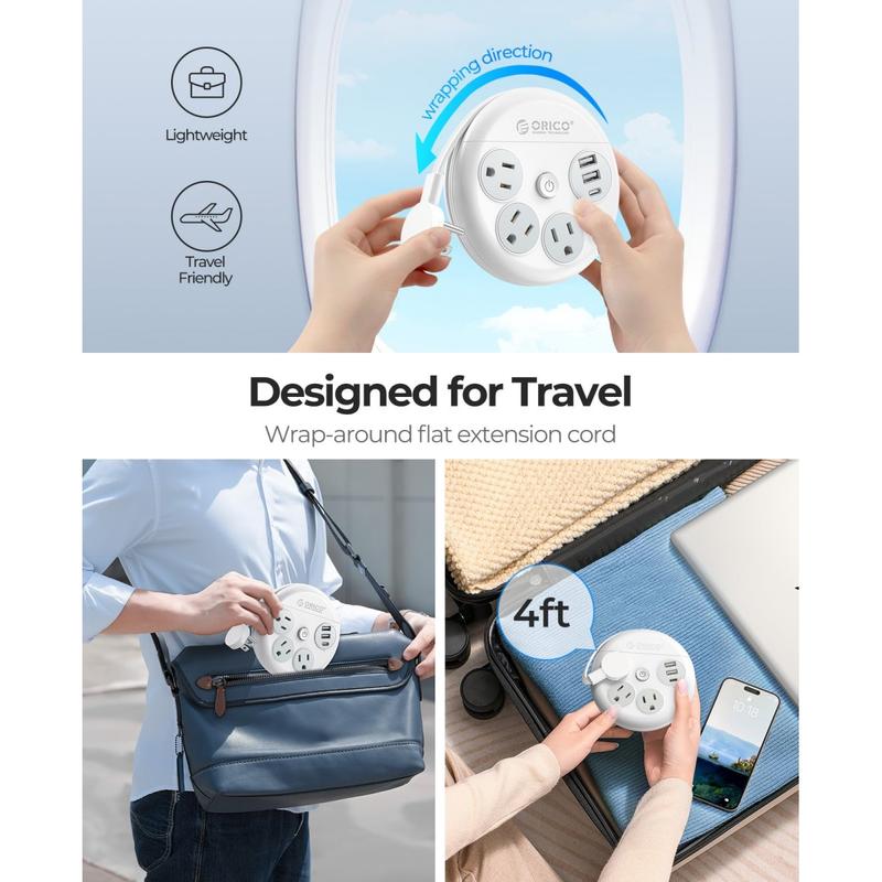 ORICO Travel Power Strip, Travel Essentials, Travel Extension Cord with 3 Outlets 3 USB Ports, 4FT Wrapped Around Extension Cord for Travel Cruise Ship Beach Vacation Essentials White-OR