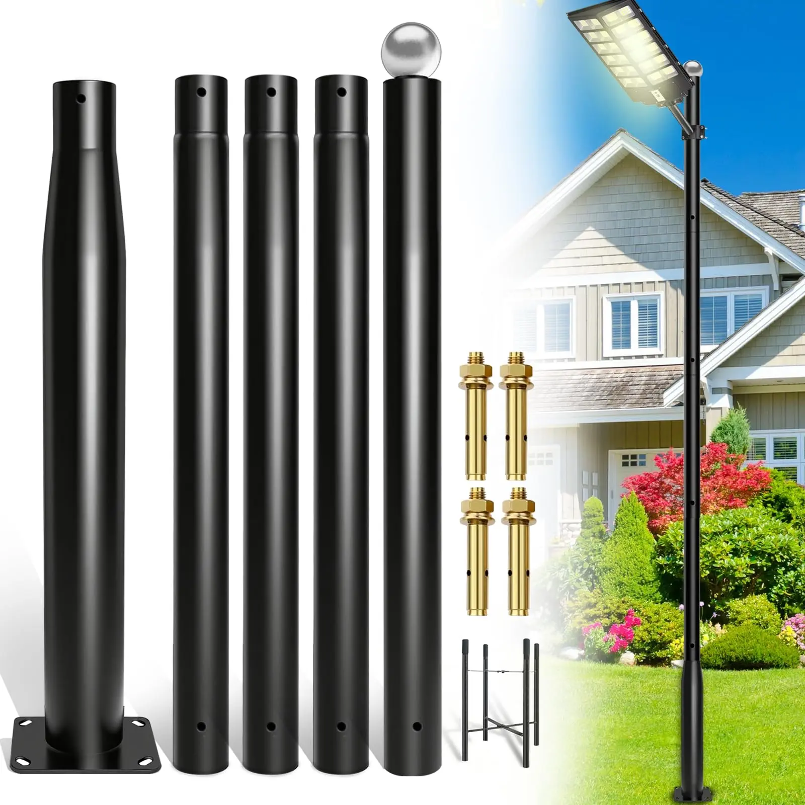 16 Ft Tall Street Light Pole, Outdoor Adjustable Stainless Steel Street Llight Pole,Street Light Installation Pole with Mounting Rebar Cage Base Accessory, for Parking Lot, Walkway (Black)