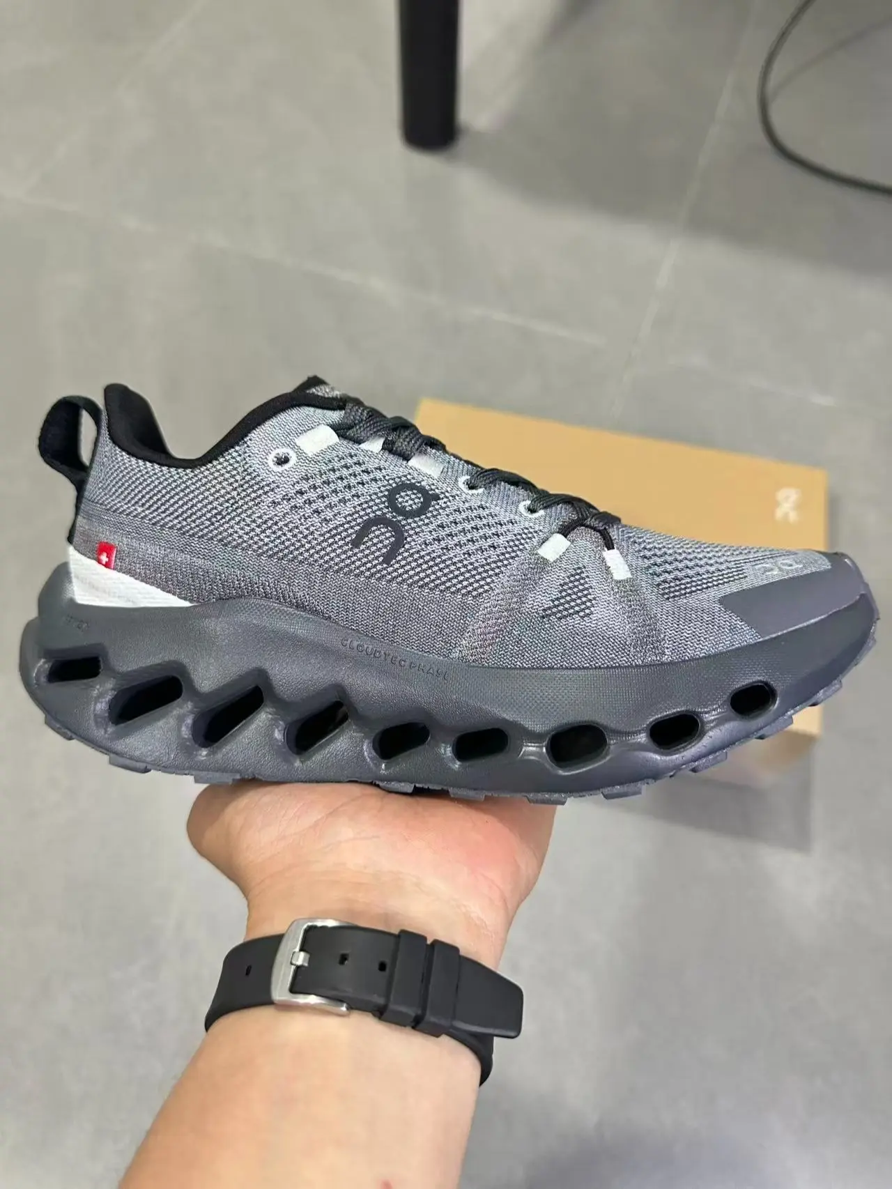 Cloud Hollow Cushion Athletic Sneakers, Dark Grey Knit Breathable Mesh Running Shoes, Shock Absorbing Thick Sole Trainers, Unisex Outdoor Hiking Casual Walking Footwear