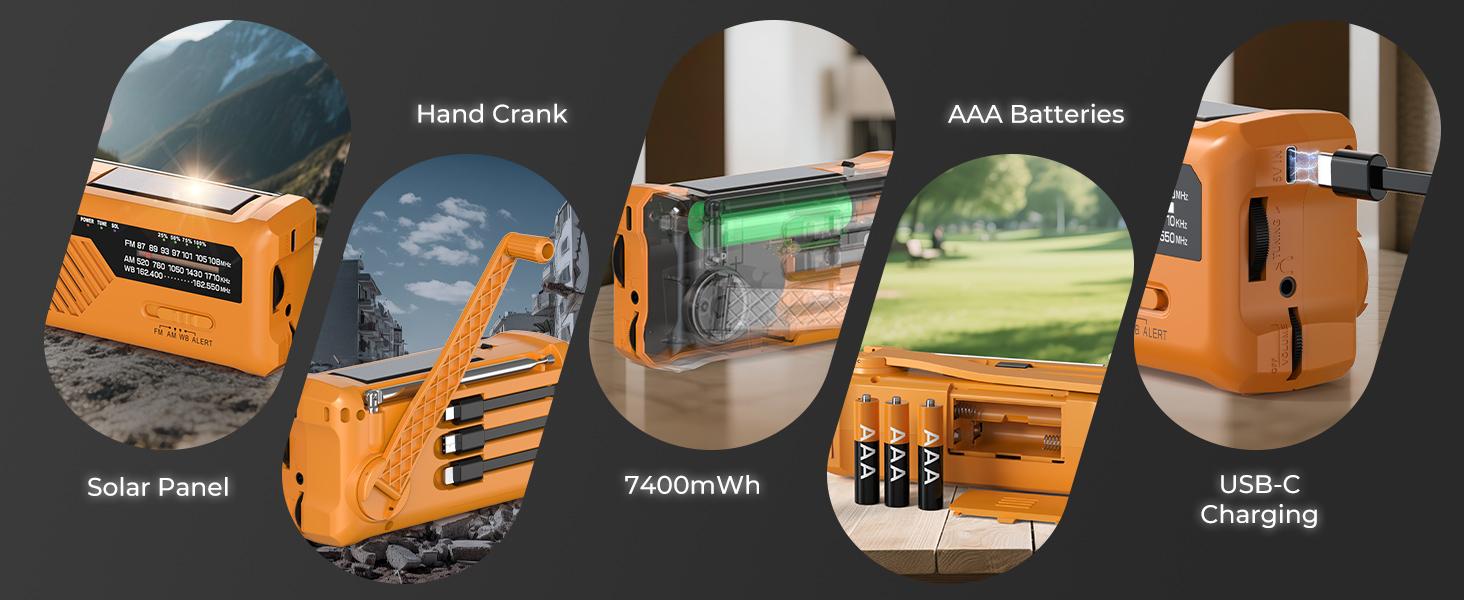 PRUNUS J-366 Emergency Radio with 3 Charging Cables, NOAA Weather Alert, 7400mWh/Solar/Hand Crank/ USB-C Charging, Battery Operated , WB/AM/FM, SOS Alarm, Flashlight, Compact for Bag