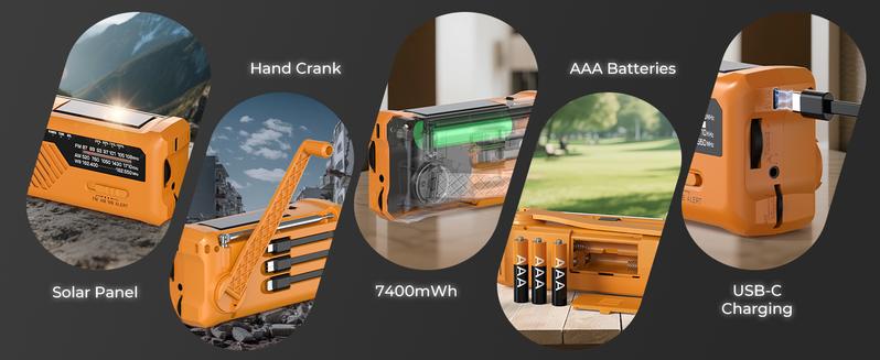 PRUNUS J-366 Winter Storm-Ready Emergency Radio- NOAA Weather Alert, 3-in-1 Charging Cables, 5-Way Power(7400mWh/AAA Battery/Hand Crank/Solar/USB-C), AM/FM, SOS Alarm, Flashlight, Compact for Bag Android Rechargeable Portable