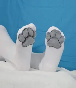 Puffy Grey Mochi Cat Paw Pad Style Bean on White Thigh High Stockings