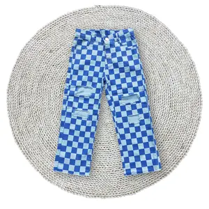 Baby Girls Boys Blue Checkered Distressed Casual Wear Straight Denim Jeans Pants Bottoms