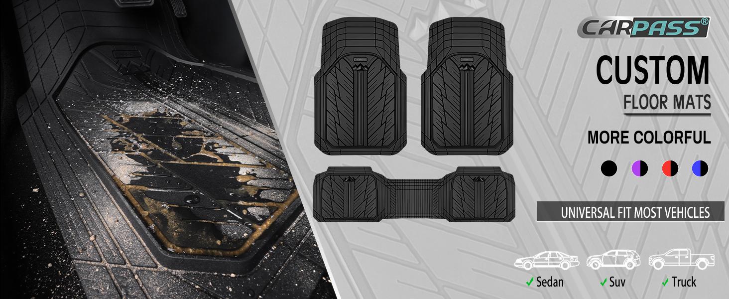 CAR PASS Durable Rubber Car Floor Mats, Deep Waterproof Car Mats All Weather, Universal Trim-to Fit Automotive Floor Mats for Car SUV Truck Van, Durable Floor Liners Solid