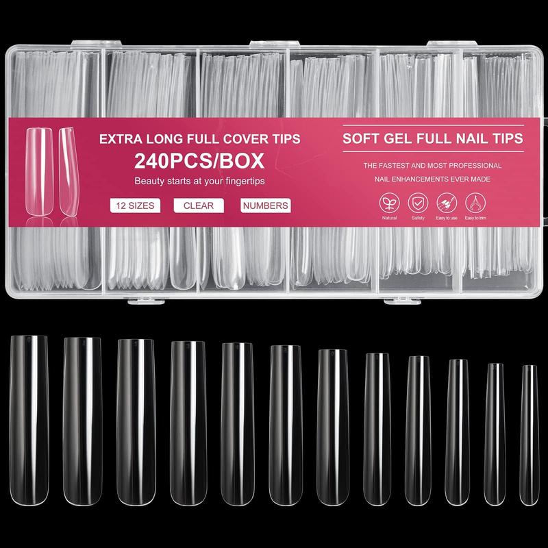 Extra Long Square Full Cover Nail Tips 240PCS XXXL Clear Full Cover Fake Nails False Nails 12 Sizes Tapered Square Press on Fake Nail Tips for Acrylic Nails Salons Home DIY with Box