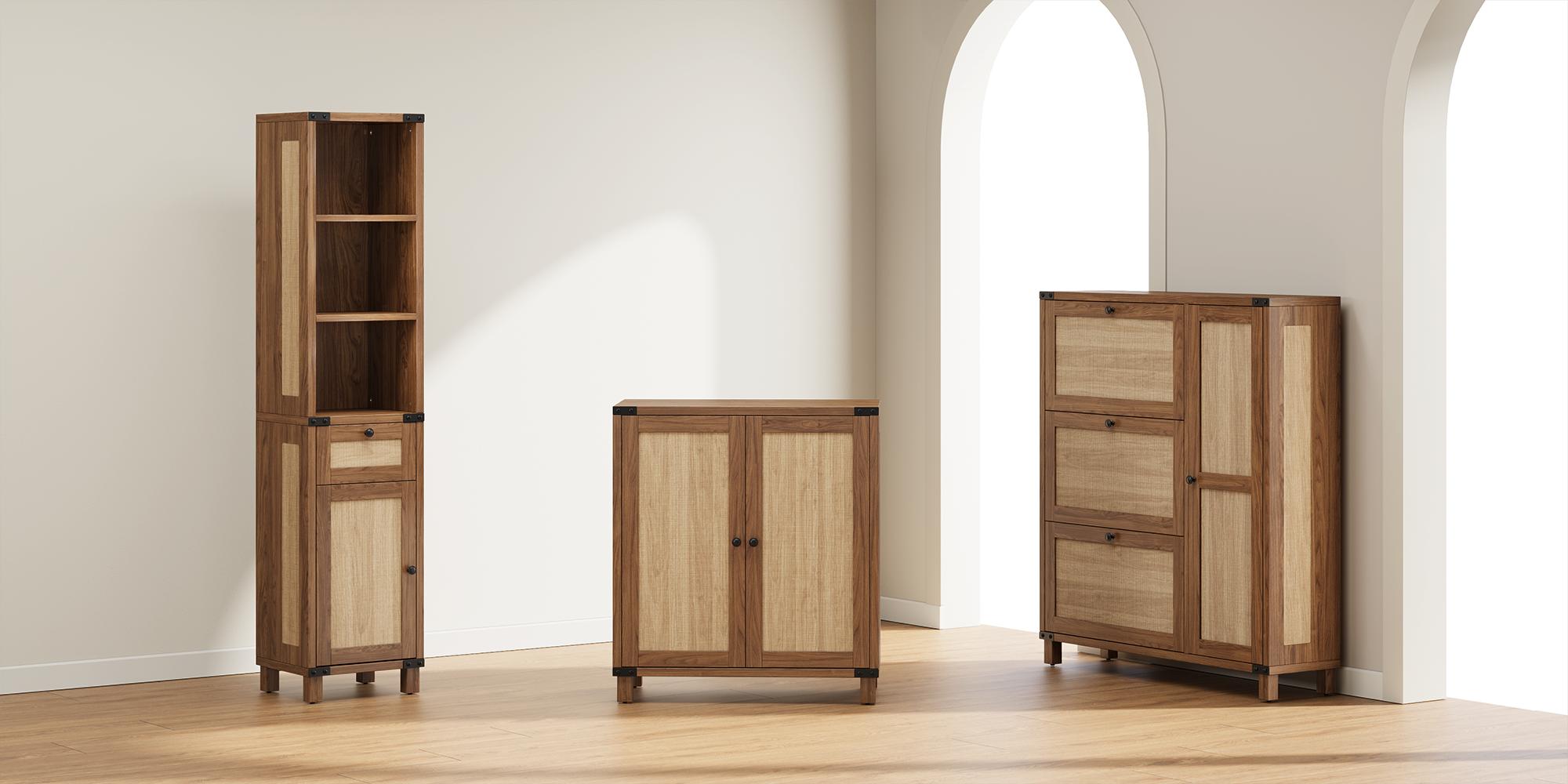 【Valentine's Day gift】ONBRILL 31.5" Sideboard Buffet Cabinet with Storage, Rattan Style Credenza with 2 Soft-Close Doors & Adjustable Shelves, Accent Cabinet for Living Room, Hallway, Kitchen