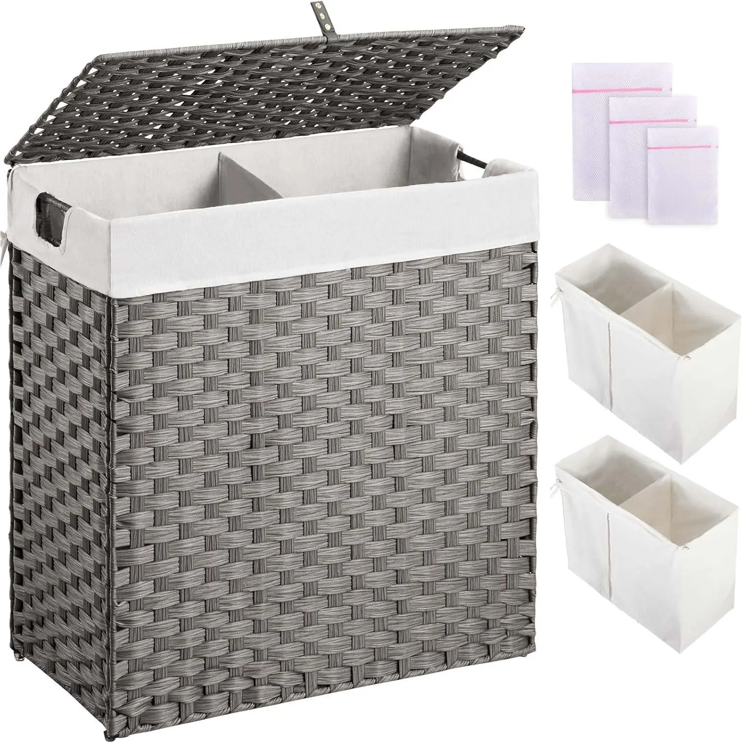 Valentine's Day gift Laundry Hamper with lid, No Install Needed, 110L Wicker Laundry Baskets Foldable with 2 Removable Liner Bags, 2 Section Clothes Hamper Handwoven Rattan Laundry Basket with Handles, Gray