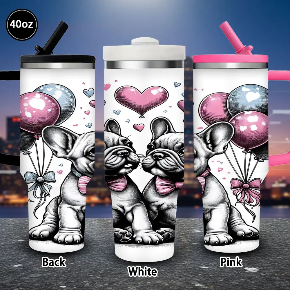 40oz Novelty Animal French Bulldog Tumbler Cup - 1-Piece 1000-2000ml Vacuum Flask, Portable Travel Mug with Lid and Straw, Winter Insulated Coffee Cup for Office, Valentine’s Gift for Women