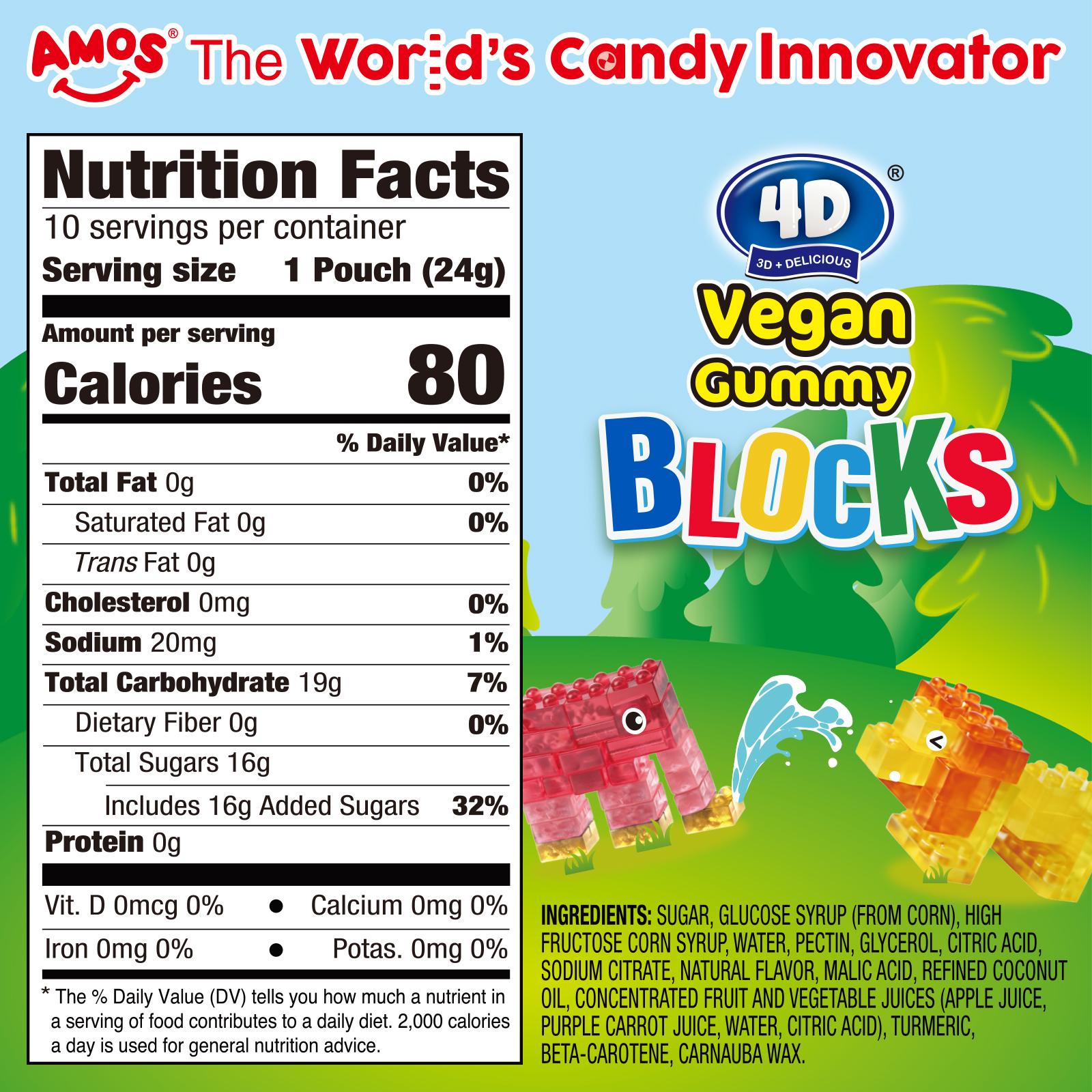 Amos Vegan Gummy Blocks - Watermelon, mango, pineapple and strawberry Flavors - 4D  Gummy Building Kit - 6 Resealable Packs - 8.47oz Total - Fun Healthy Snack