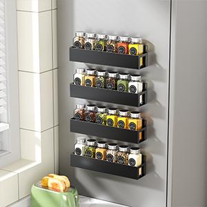 4 Pack Magnetic Spice Rack with 28 Spice Jars, Spice Labels, Chalk Marker and Funnel Set, Magnetic Spice Organizer Shelf for Refrigerator, Microwave, Seasoning Organizer for Kitchen