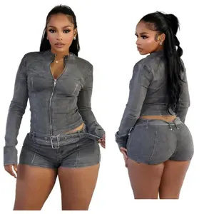 Denim Shorts Suit Mz88616 in Stock Long Sleeve Stretch Shorts Belt Suit