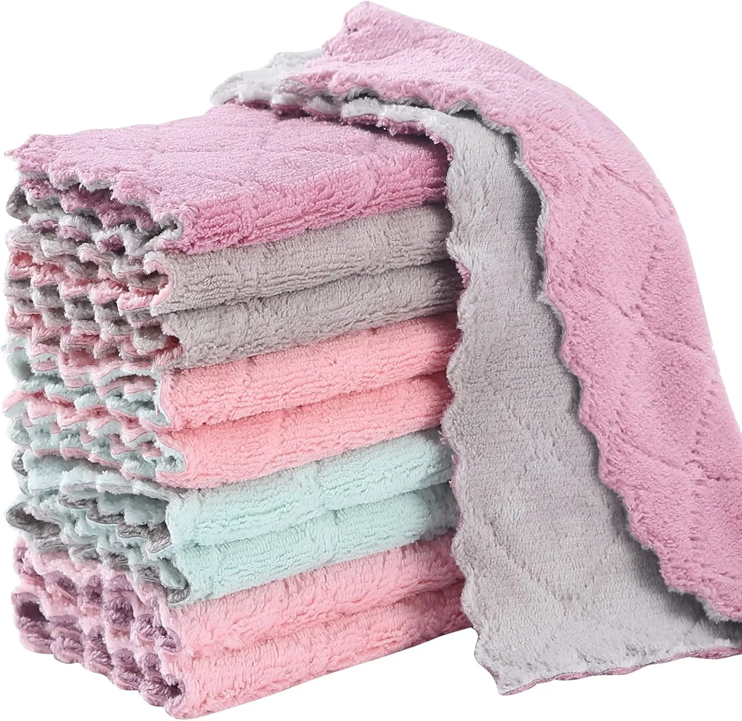 10 Pcs Kitchen Cloth Dish Cleaning Towels, Super Absorbent Coral Velvet Dish towels, Nonstick Oil Washable Fast Drying,Double-Sided Dish Towel,Used for Table Dish Glass Pet Paw（5Colors）