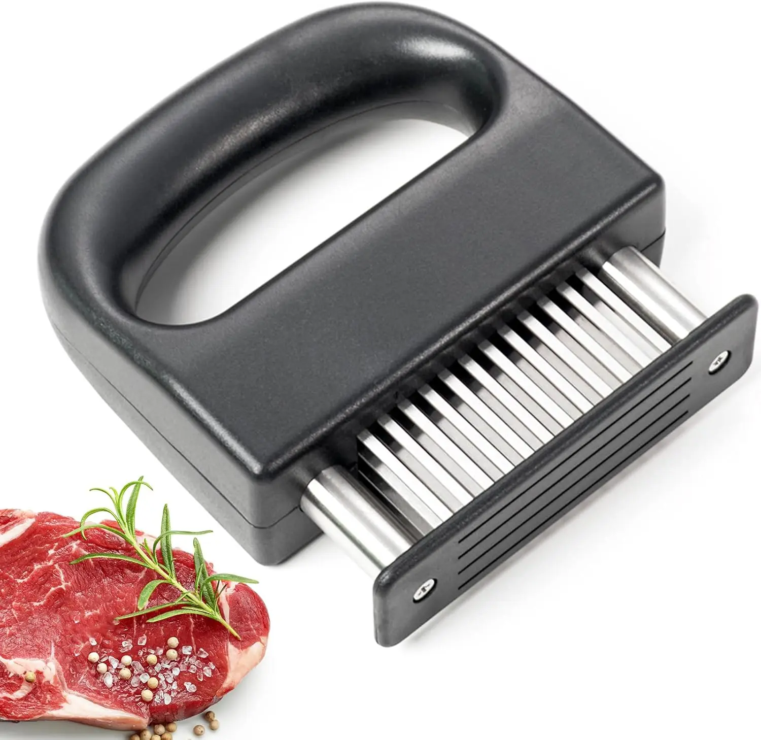 Meat Tenderizer Tool with 48 Stainless Steel Ultra-Sharp Needle Blades, Handle On - Kitchen Utensil for Juicy Every Bite of Steak, Beef, Pork, Turkey, Fish - Great for Home Dinners and BBQ Nights