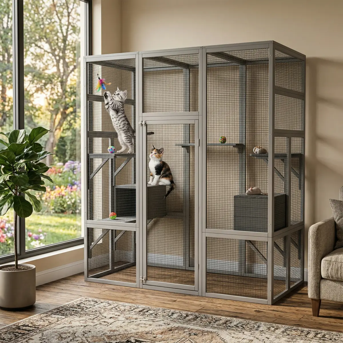 [Bellemave] 62.6"  Gray Outdoor Wooden Cat House Large Catio, Solid Wood Cat Cage Shelter Enclosure Playpen with Multiple Platforms and 2 Resting Boxes