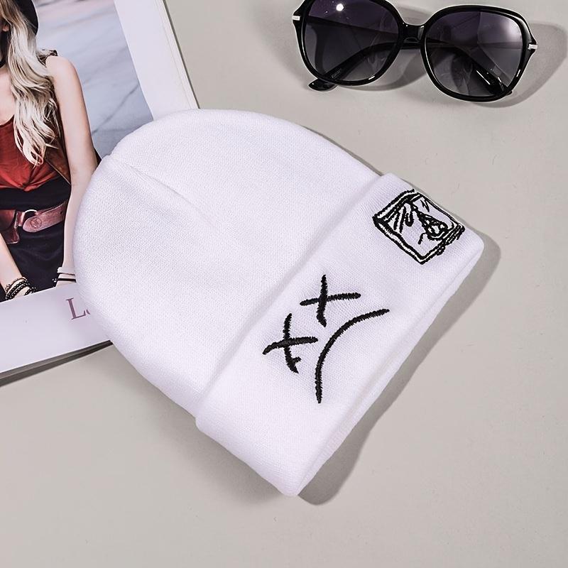Sad Face Embroidered Graphic Beanie Stylish Unisex Hip Hop Hat Warm Comfortable Winter Knit Cap Black White Cuffed Skull Cap for Women Men Machine Washable