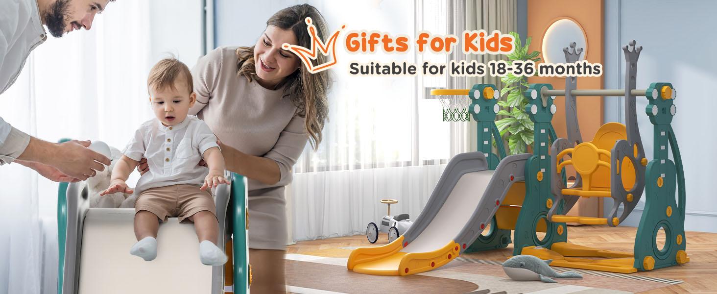 Qaba 3 in 1 Toddler Swing and Slide Set, Kids Slide with Climber, Ultra-Safety, Basketball Hood, Baby Playground Set, Fun Indoor/Outdoor Playset Exercise Toy for Ages 1.5-3