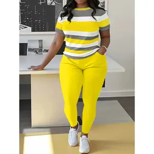 Women's Plus Size Striped Print Short-Sleeve Top and Pants Set—Casual, stylish, and comfortable with a crew neck, perfect for everyday outdoor wear. Women's Spring Collection.