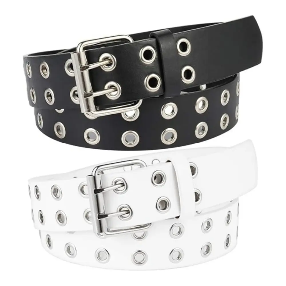 2PCS Double Grommet PU Leather Punk Belt, 2 Hole Grommet Jeans Belt for Women & Men,Medium
