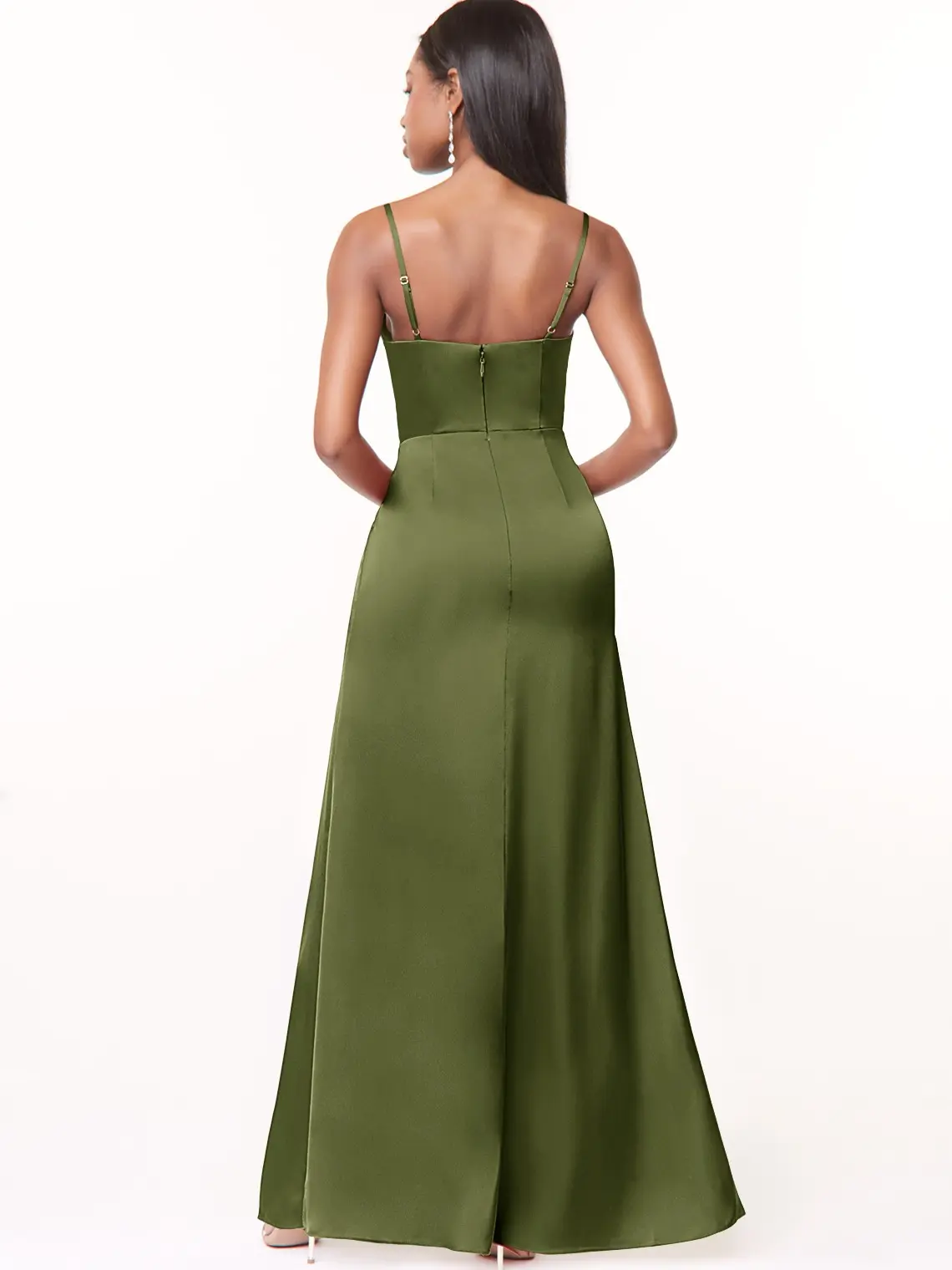 Azazie Maci A-Line V-Neck Pleated Leg-Slit Bridesmaid Wedding Guest Satin Dress, Party, Women