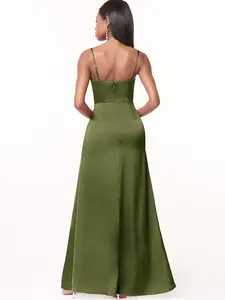 Azazie Maci A-Line V-Neck Pleated Leg-Slit Bridesmaid Wedding Guest Satin Dress