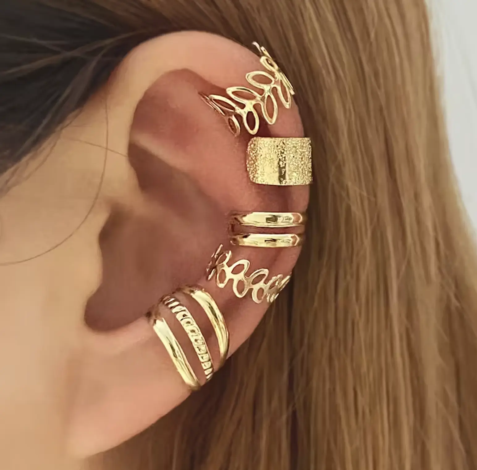 5pcs Gold-Tone Earcuff Set for Women, Leaf & Wrap-Style Clip On Earrings, Adjustable Non-Pierced Cartilage Earring Stack, Cartilage Earring Set, Accessories For Women