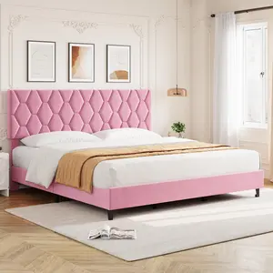 Pink King Bed Frame with Upholstered Headboard, Heavy-Duty Platform Bed Frame with Strong Wood Slats, No Box Spring Needed/Noise Free/Easy Assembly