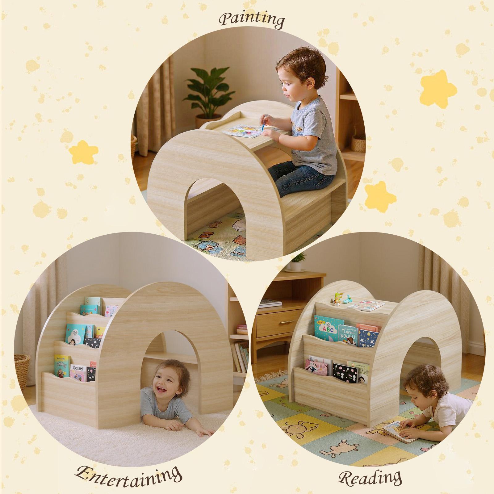 COZPAW 3-in-1 Kids Table and Chair Set, Toddler Activity Table with Book Shelf for Ages 2-7 | Arched Baby Bookshelf with Desk for Reading Drawing Playing (white)