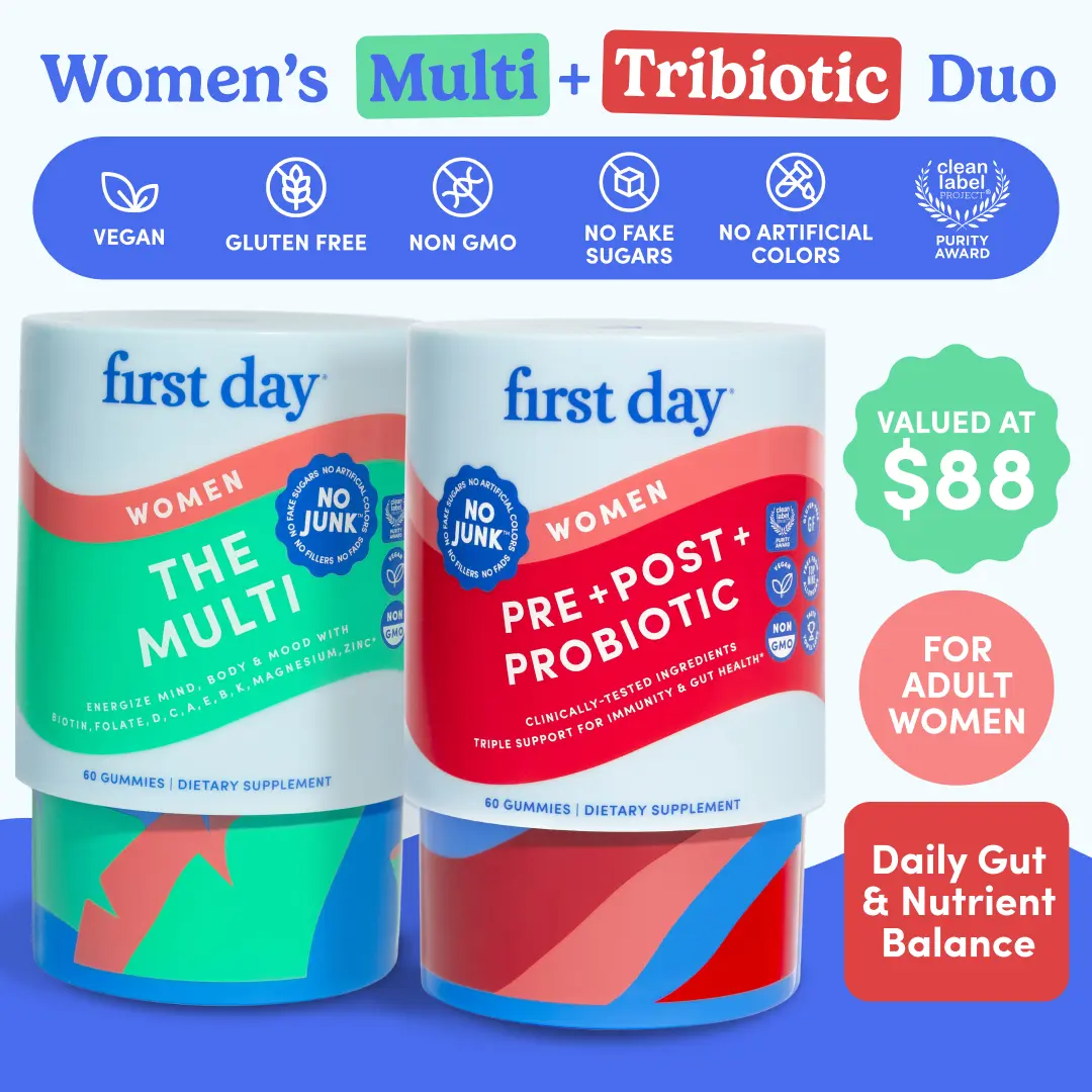 First Day Women's 2-PK Dietary Supplement Bundle - Natural, Organic, Chewable Multivitamin + Tribiotic Gummies, 30-Day Supply with Vitamins A,C,D3,B12,Folate,Zinc + 3-in-1 Pre/Pro/Postbiotics for Gut & Immunity Support