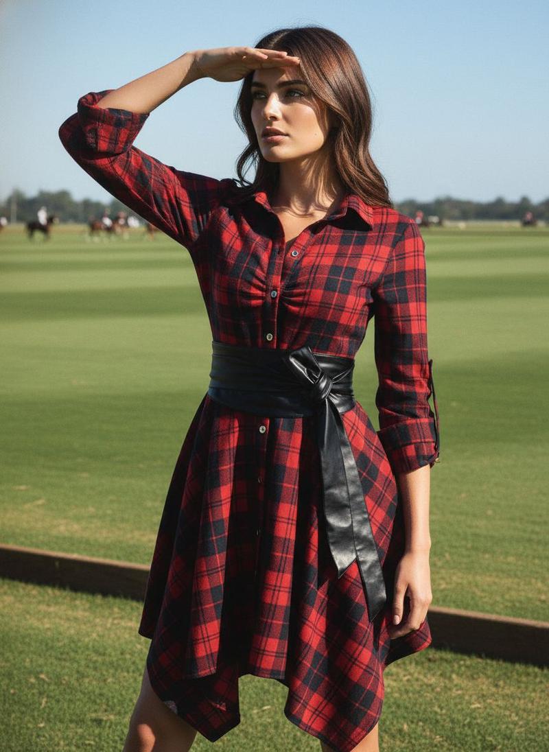 1950S 3/4 Sleeve Plaid Belt Dress Casual Outfits Women Collared Black Vintage Check Leather Womenswear