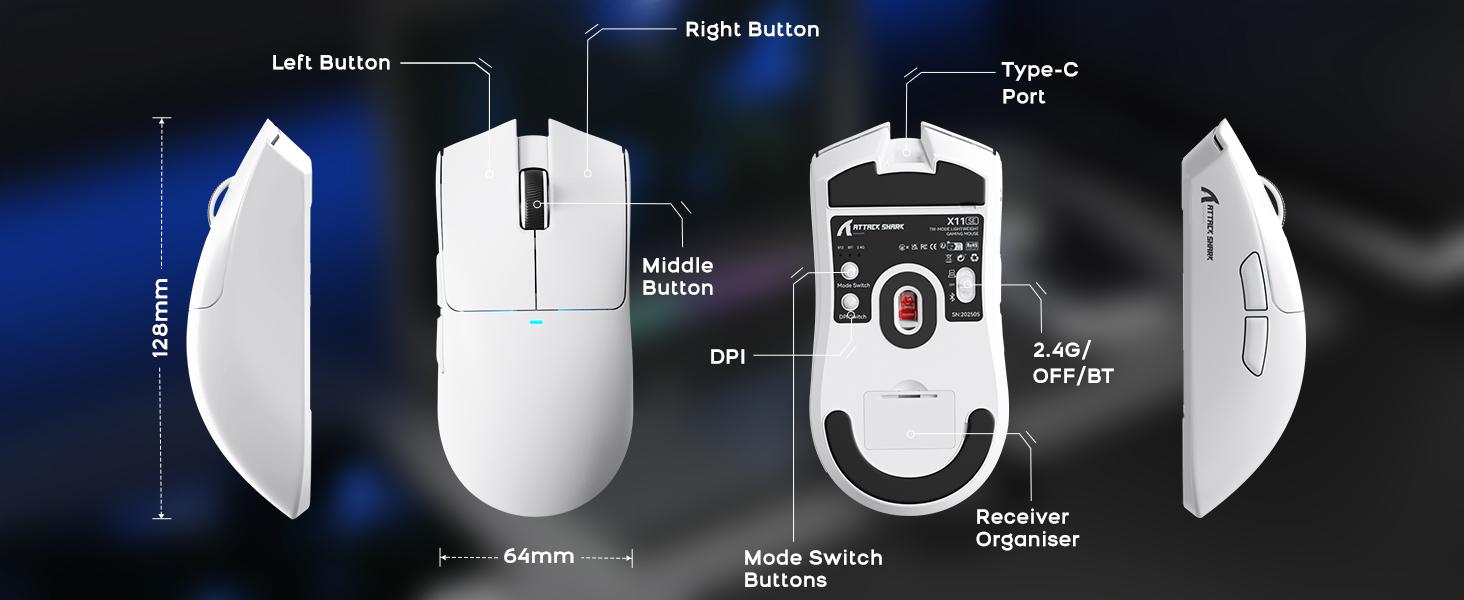 ATTACK SHARK X11SE Lightweight Wireless Gaming Mouse, 59g Tri-Mode BT/2.4G Wireless/Wired Gaming Mouse, PixArt PAW3311 Gaming Sensor, 22000 DPI, Office Mice with Tape for PC/Xbox/Win/Mac (Black)