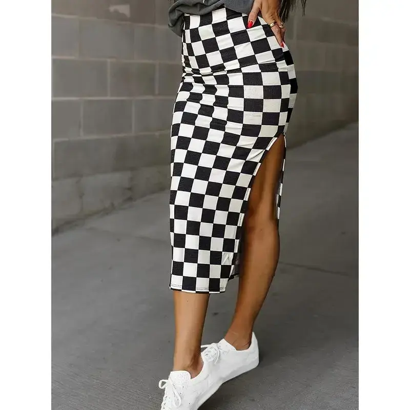 Elegant Women's Timeless Checkered Midi Skirt with Side Slit - Slimming, Casual Style in Black &, Perfect for, Machine Washable, Print, A-line, Autumnwomen's clothing Shorts Long Sleeve Bottoms Athleisure Crew Neck Mini Dress