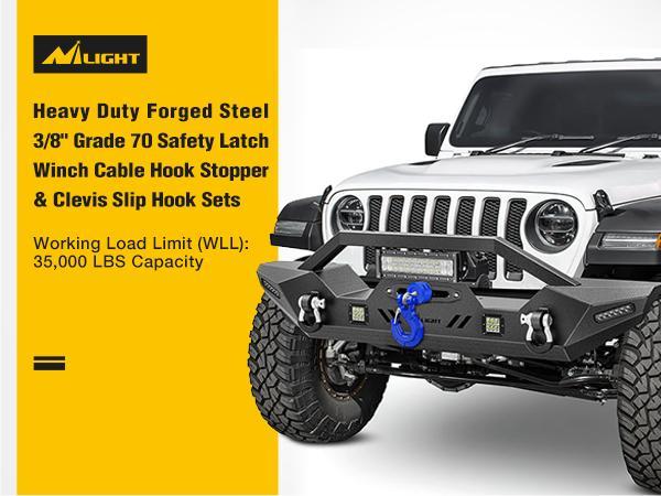 Nilight Forged Steel Winch Hook 3/8" Grade 70 Safety Latch Winch Cable Hook Stopper & Clevis Slip Hook Sets, Included Allen Wrench,Max 35,000 lbs