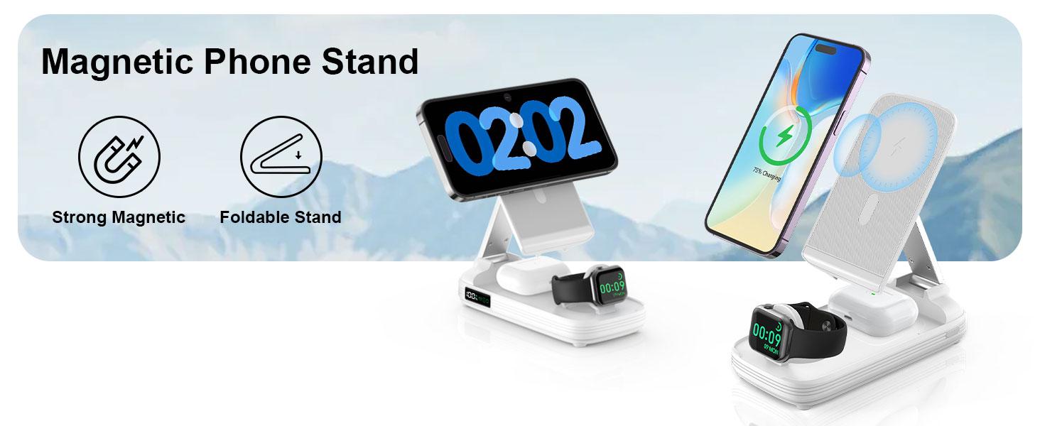 3-in-1 Foldable Wireless Power Bank, 10000mAh Magnetic Power Bank with Adjustable Phone Stand, Fast Charger, Portable Wireless Charger with Digital Display for iPhone 17 / 16 / 15 / 14 / 13 / 12 Series & Earbuds & Apple Watch mothersdaygift