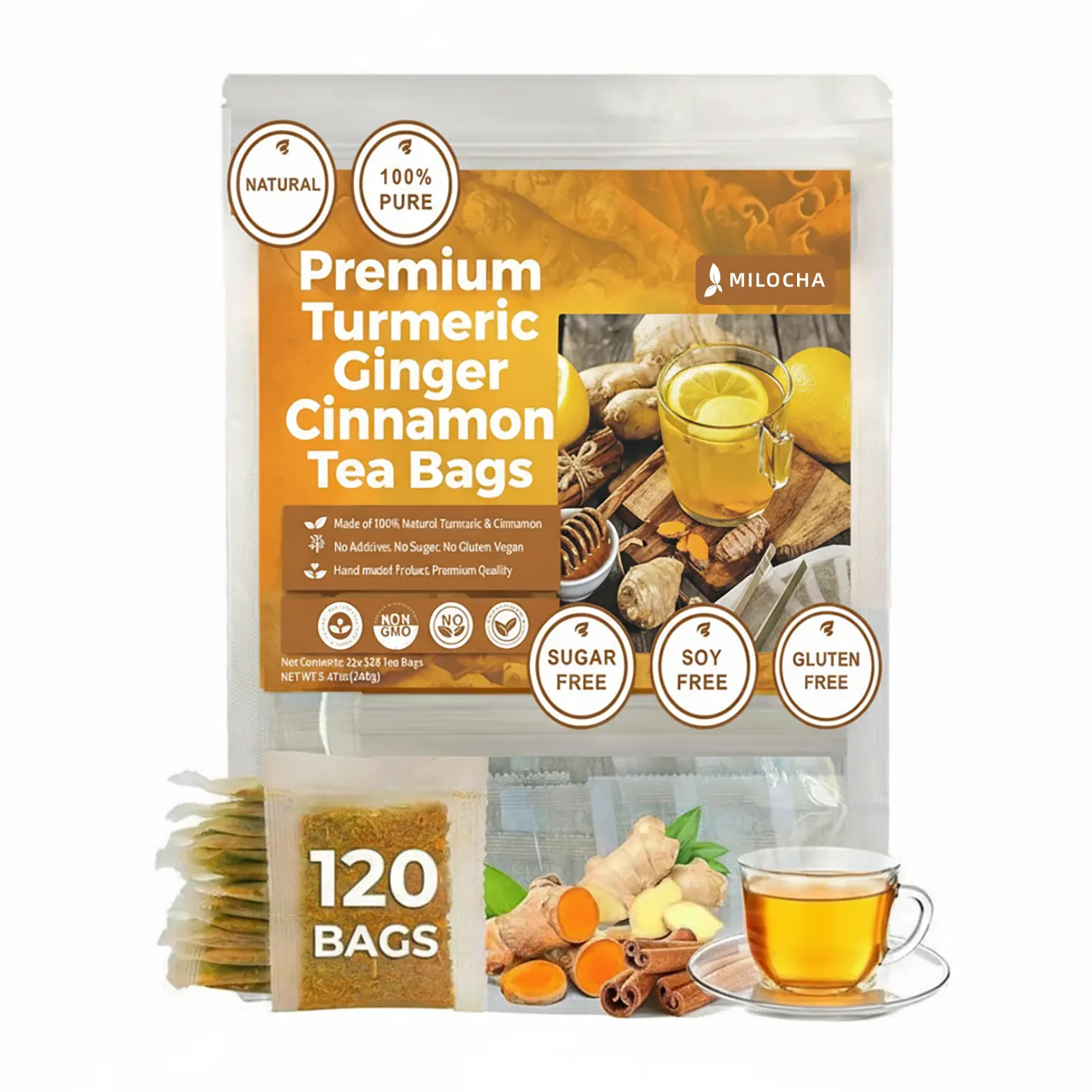 Turmeric Ginger Cinnamon Tea – 120 Handmade Eco Bags | Caffeine-Free, Sugar-Free, Vegan Turmeric Ginger Cinnamon Tea – 120 Handmade Eco Bags | Caffeine-Free, Sugar-Free, Vegan