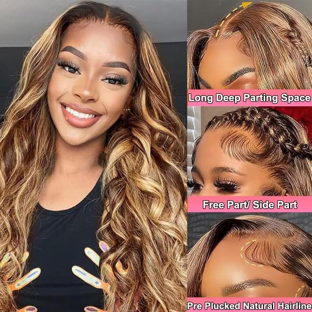 【30"=$107】Redice 360 Lace Front Wigs Human Hair Body Wave Wig Pre Plucked Glueless Wigs for Women Drawstring  Honey Blonde Ombre Frontal HD Lace Wig Human Hair 4/27 & Natural Black 180% Density