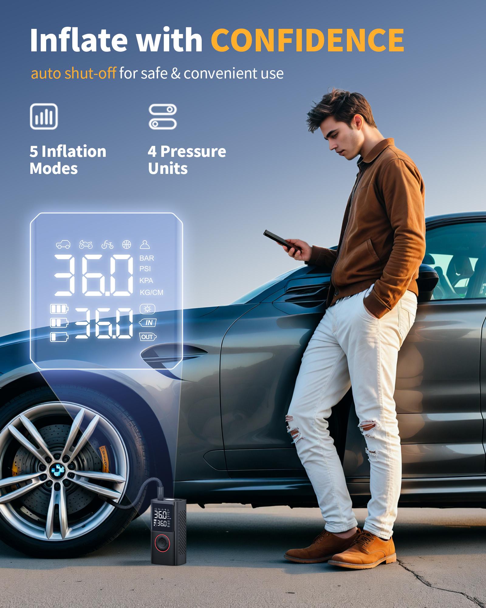 Powools  Cordless Tire Inflator Portable Air Compressor with Large Capacity Battery Wireless Digital Display Enhanced Safety Features for Cars & Inflatables