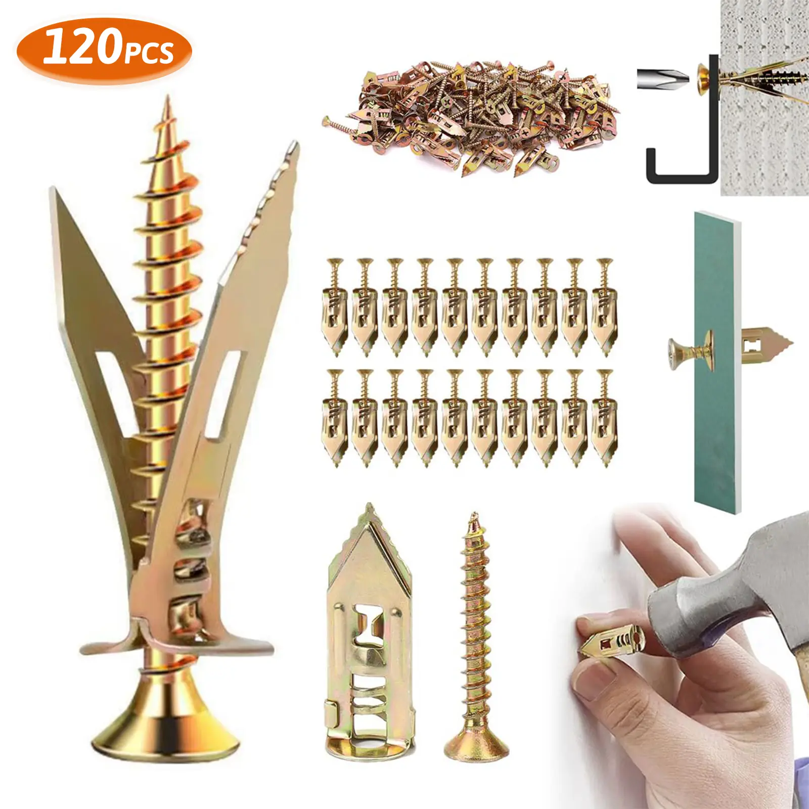 120 Pack No Drill Drywall Anchors and Screws Heavy Duty Zinc Plated Steel Self Drilling Self Tapping Anchors for TV Bicycle Cabinet Mirror Fixing Accessories