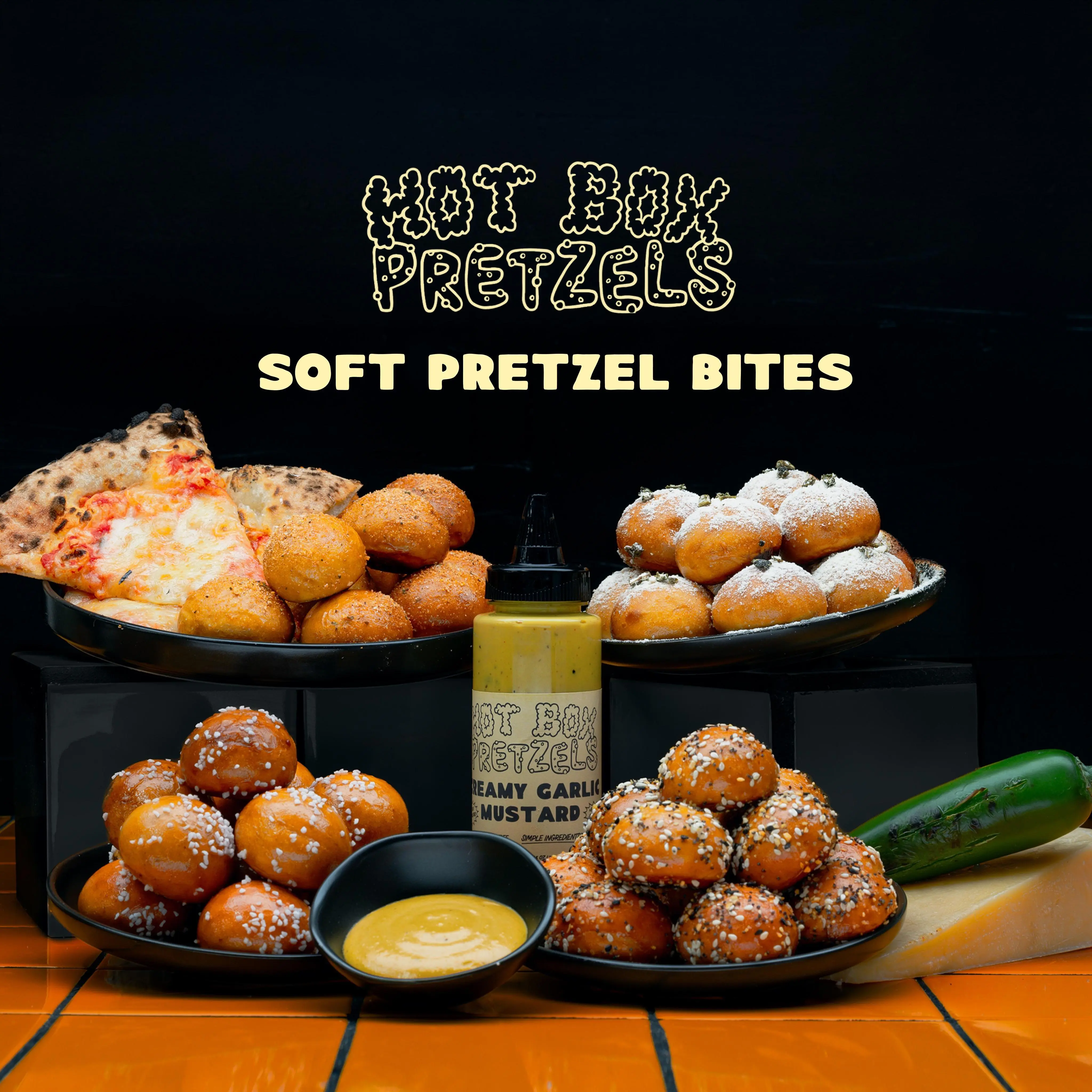 Hot Box Pretzels Savory Pack | 4 Bags Soft Pretzel Bites | Pretzel Salt, Jalapeno Queso, Everything Bagel, Parmesan Pizza 8-30g Flavor Packets | 4 8oz Bags + 4 Seasoning Packets(8-30g) | Clean Ingredients, No Artificial Flavors