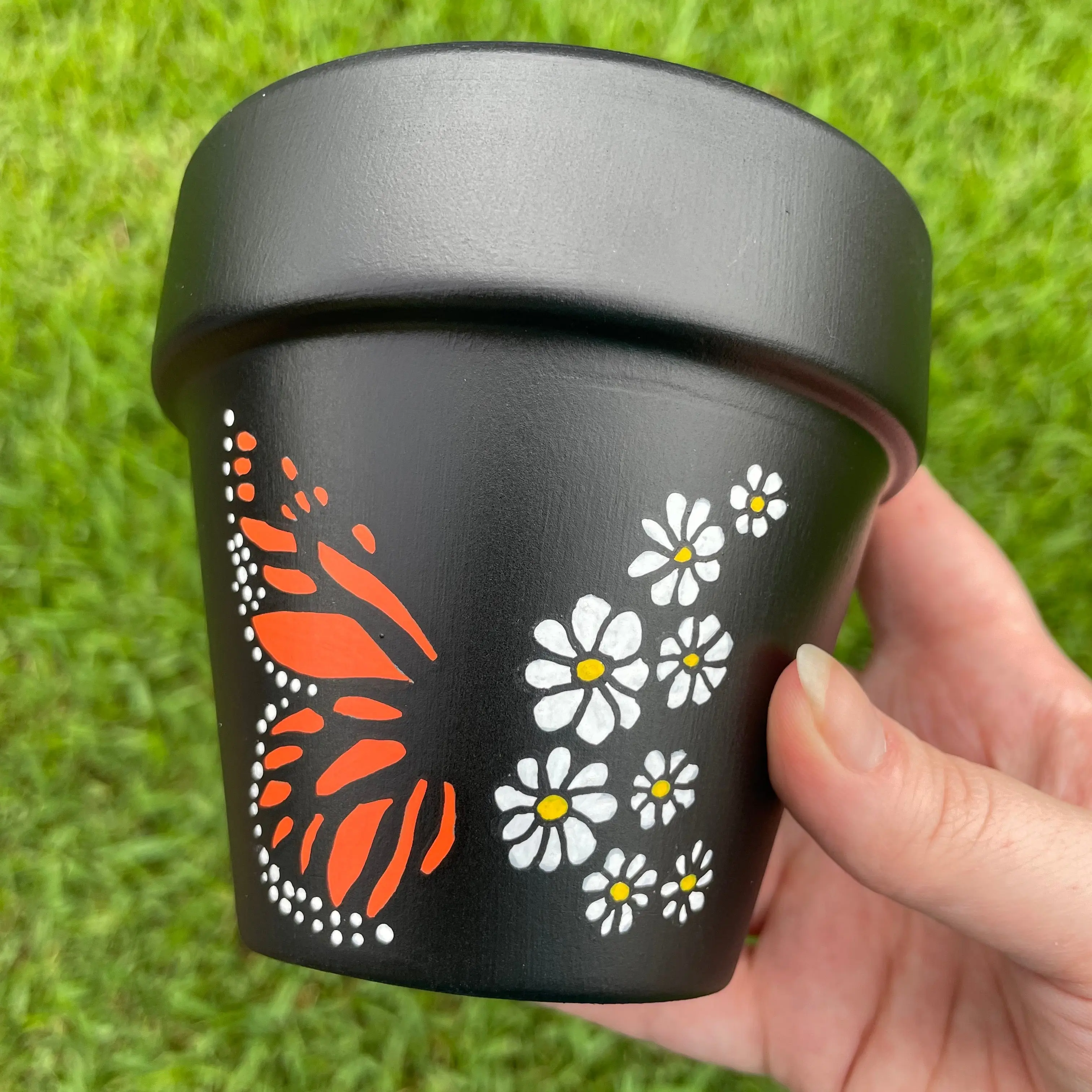 Monarch & Daisy Butterfly Hand-Painted Terracotta Pot (4")