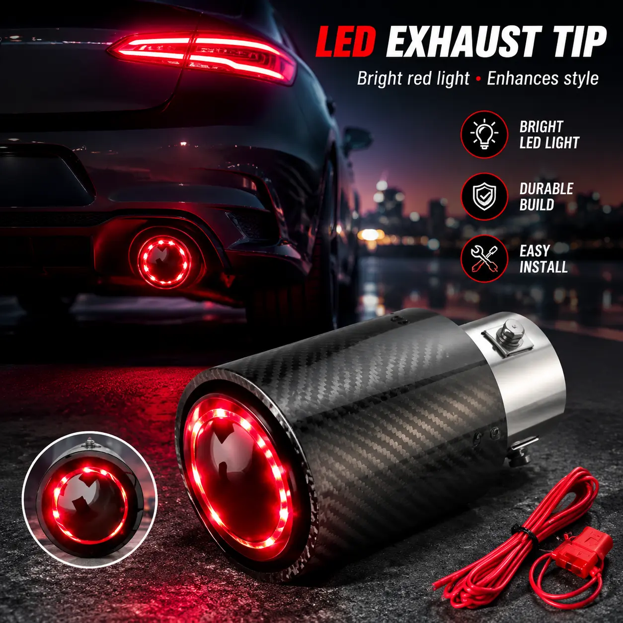 Carbon Fiber LED Straight Car Exhaust Tip - Universal Clamp-On Luminous Muffler Tail Pipe Modification Accessory with Red/Blue LED Lights